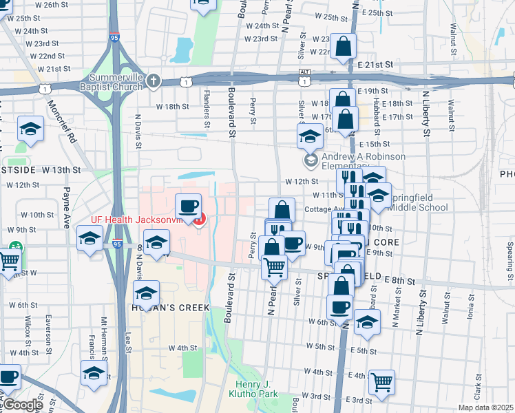 map of restaurants, bars, coffee shops, grocery stores, and more near 351 Cottage Avenue in Jacksonville
