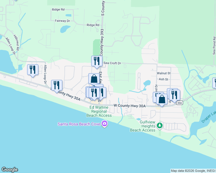 map of restaurants, bars, coffee shops, grocery stores, and more near 45 Abbey Road in Santa Rosa Beach