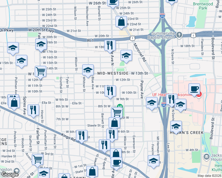 map of restaurants, bars, coffee shops, grocery stores, and more near 1328 West 11th Street in Jacksonville