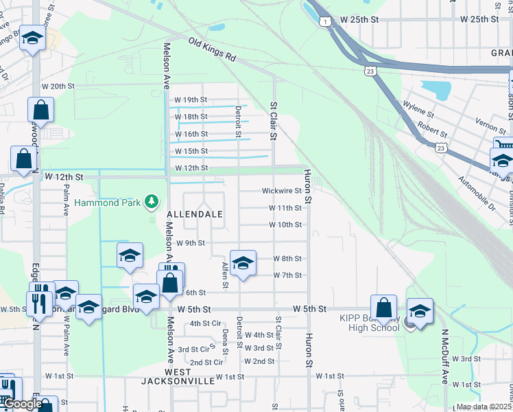 map of restaurants, bars, coffee shops, grocery stores, and more near 2929 West 11th Street in Jacksonville