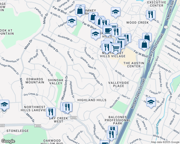 map of restaurants, bars, coffee shops, grocery stores, and more near 6109 Highland Hills Drive in Austin