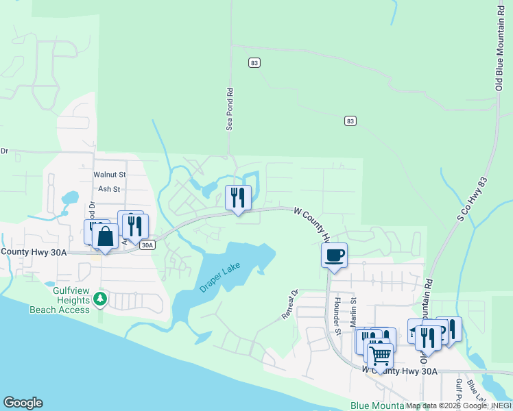 map of restaurants, bars, coffee shops, grocery stores, and more near 21 Blue Gulf Drive in Santa Rosa Beach