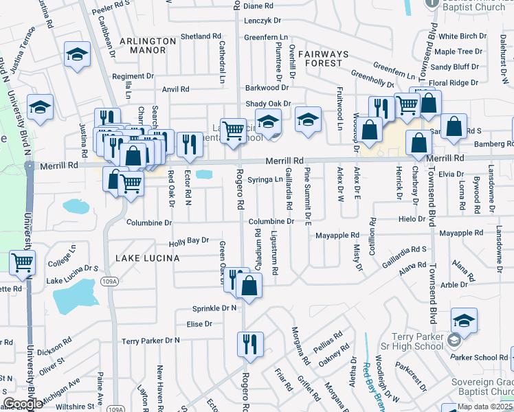map of restaurants, bars, coffee shops, grocery stores, and more near 2529 Caladium Road in Jacksonville