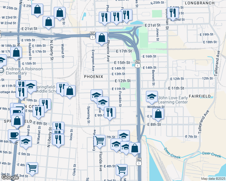 map of restaurants, bars, coffee shops, grocery stores, and more near 1124 E 11th St in Jacksonville