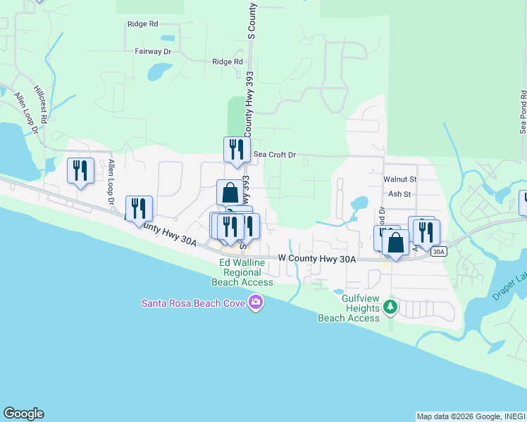 map of restaurants, bars, coffee shops, grocery stores, and more near 45 Abbey Road in Santa Rosa Beach