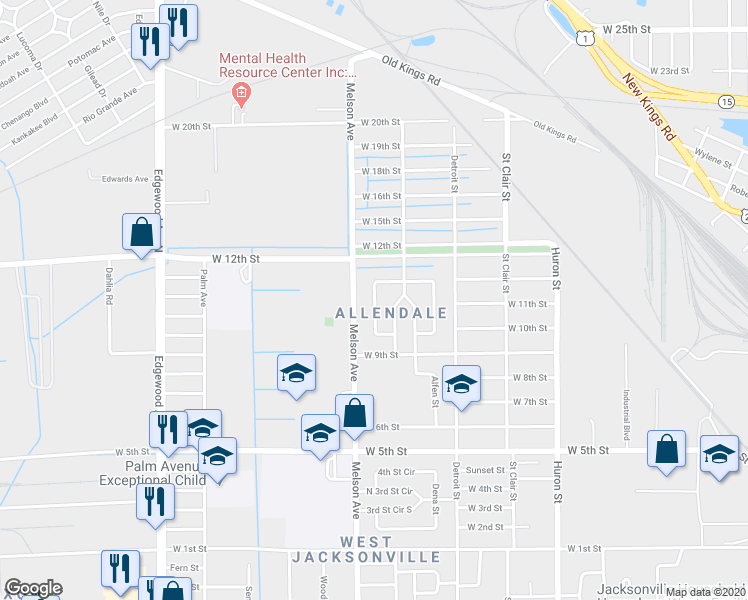 map of restaurants, bars, coffee shops, grocery stores, and more near Allandale Circle West in Jacksonville