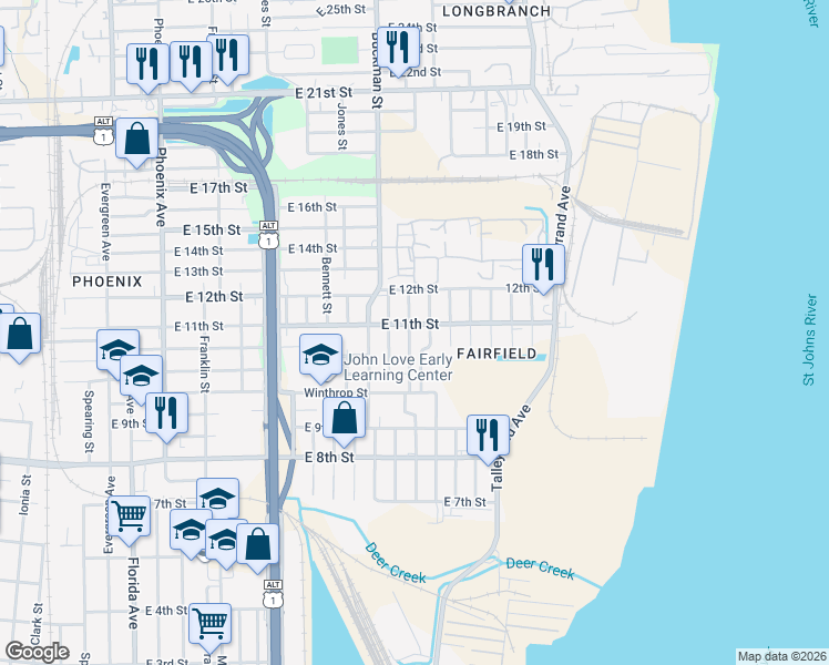 map of restaurants, bars, coffee shops, grocery stores, and more near 2069 Brackland Street in Jacksonville
