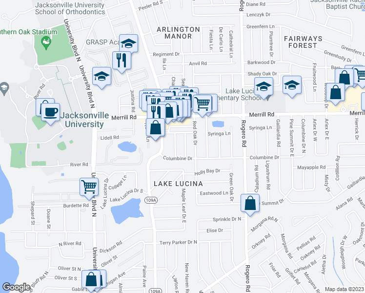 map of restaurants, bars, coffee shops, grocery stores, and more near 2540 Blueberry Lane in Jacksonville