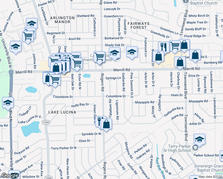 map of restaurants, bars, coffee shops, grocery stores, and more near 2529 Caladium Road in Jacksonville