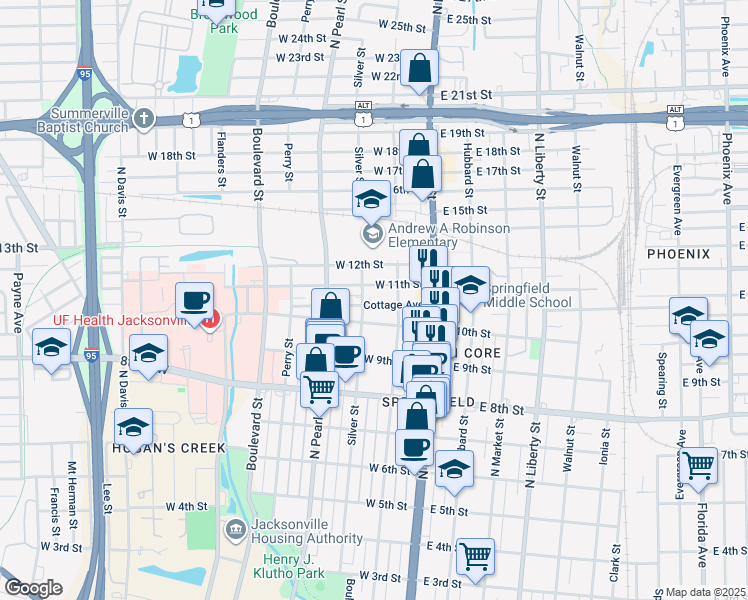 map of restaurants, bars, coffee shops, grocery stores, and more near 139 Cottage Avenue in Jacksonville