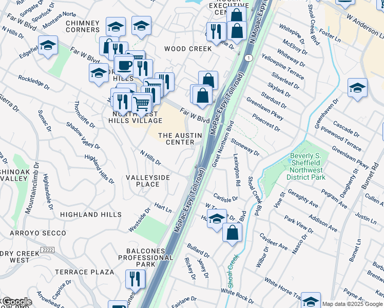 map of restaurants, bars, coffee shops, grocery stores, and more near 6800 Austin Center Boulevard in Austin
