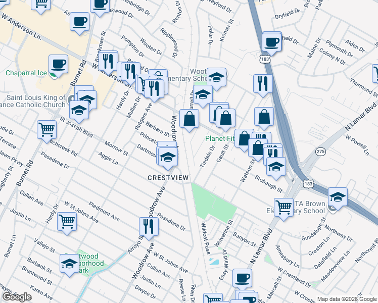 map of restaurants, bars, coffee shops, grocery stores, and more near 7706 Robalo Road in Austin