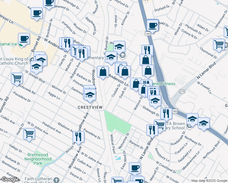 map of restaurants, bars, coffee shops, grocery stores, and more near 7712 Tisdale Drive in Austin