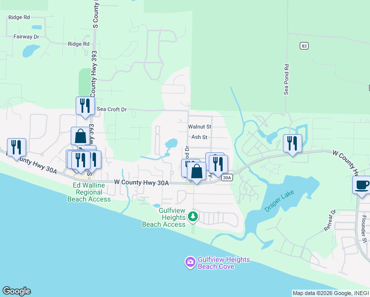 map of restaurants, bars, coffee shops, grocery stores, and more near 179 Satinwood Drive in Santa Rosa Beach
