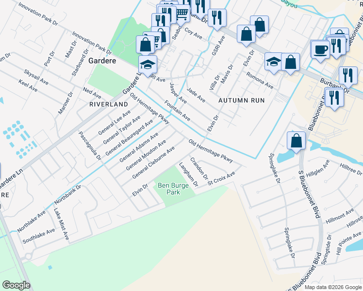 map of restaurants, bars, coffee shops, grocery stores, and more near 1727 General Cleburne Avenue in Baton Rouge