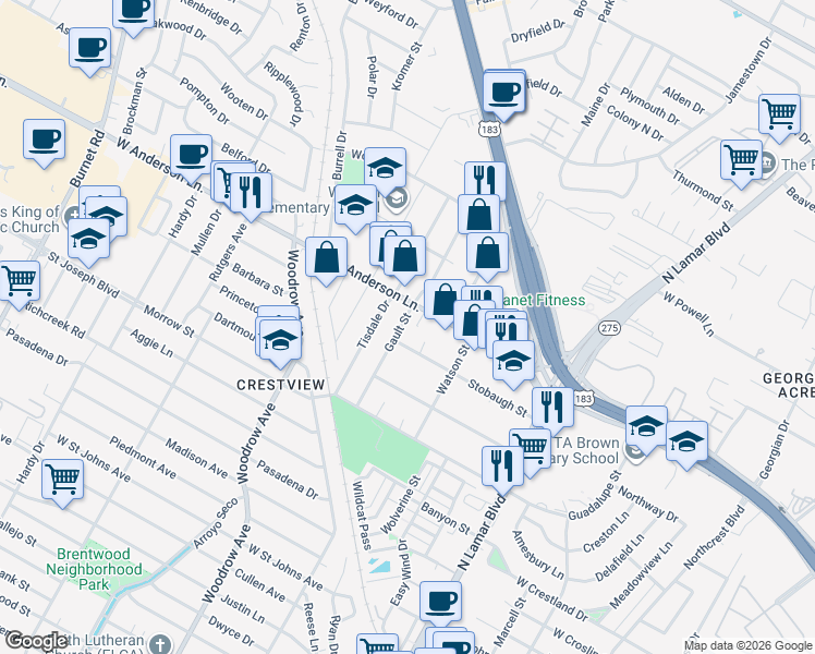 map of restaurants, bars, coffee shops, grocery stores, and more near 7807 Gault Street in Austin