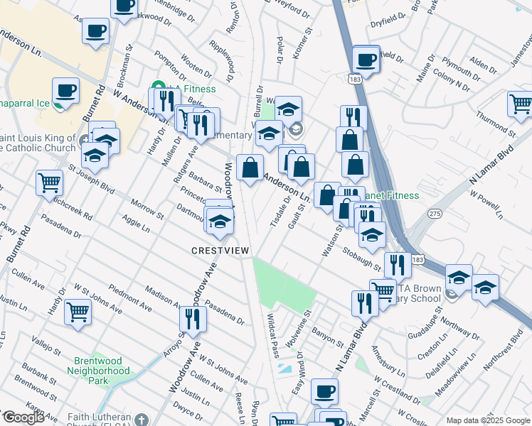 map of restaurants, bars, coffee shops, grocery stores, and more near 7709 Lazy Lane in Austin