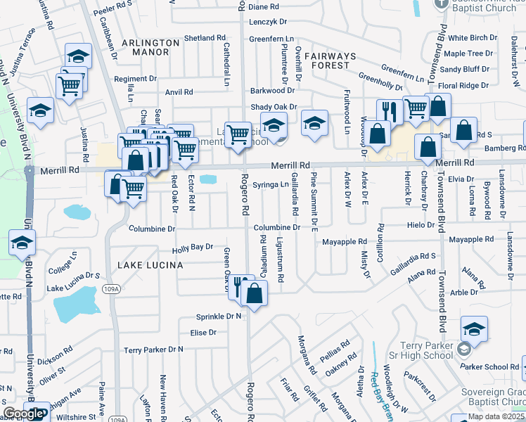 map of restaurants, bars, coffee shops, grocery stores, and more near 2529 Caladium Road in Jacksonville