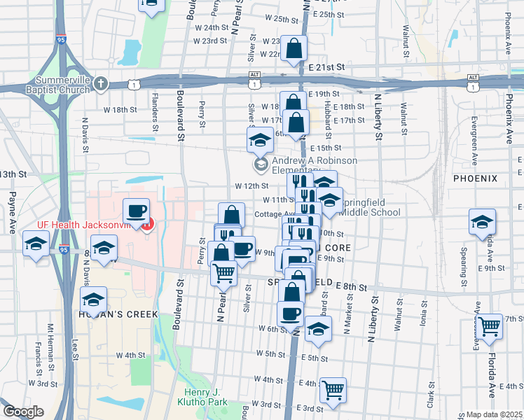 map of restaurants, bars, coffee shops, grocery stores, and more near 2036 Silver Street in Jacksonville