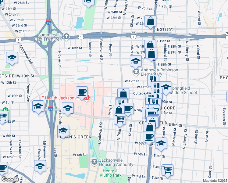 map of restaurants, bars, coffee shops, grocery stores, and more near 403 West 10th Street in Jacksonville