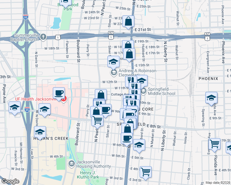 map of restaurants, bars, coffee shops, grocery stores, and more near 2048 North Laura Street in Jacksonville