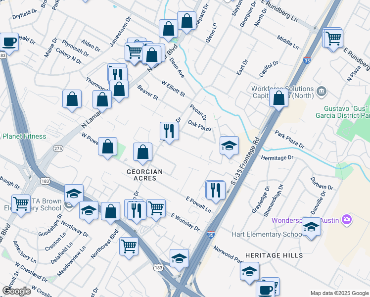 map of restaurants, bars, coffee shops, grocery stores, and more near 300 Oertli Lane in Austin