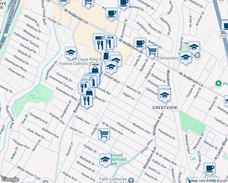 map of restaurants, bars, coffee shops, grocery stores, and more near 7505 Saint Phillip Street in Austin
