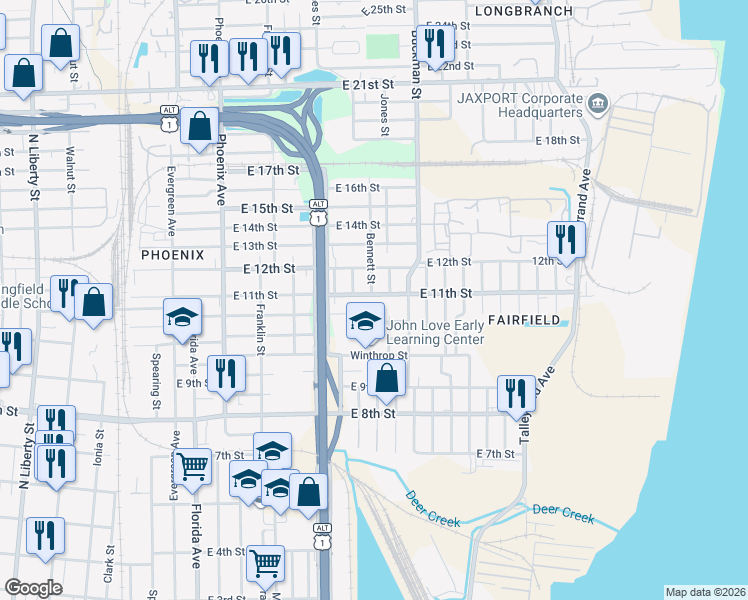 map of restaurants, bars, coffee shops, grocery stores, and more near 1538 East 11th Street in Jacksonville