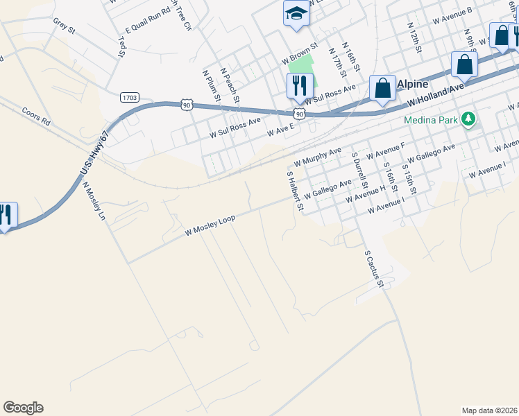 map of restaurants, bars, coffee shops, grocery stores, and more near 1934 W Mosley Loop in Alpine