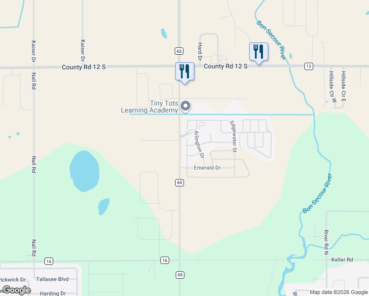 map of restaurants, bars, coffee shops, grocery stores, and more near 8651 County Road 65 in Foley