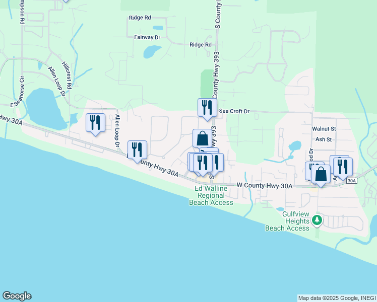 map of restaurants, bars, coffee shops, grocery stores, and more near 29 West Henry Court in Santa Rosa Beach