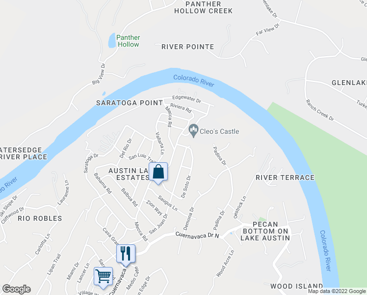 map of restaurants, bars, coffee shops, grocery stores, and more near 2818 De Soto Drive in Austin
