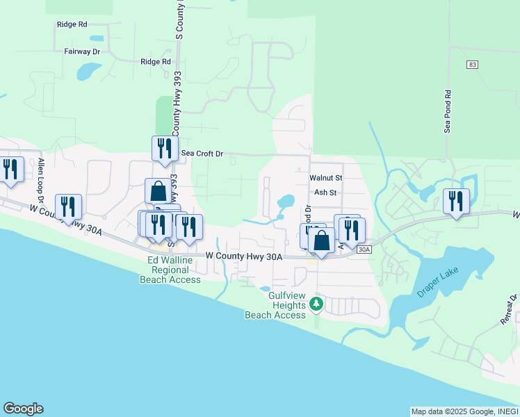 map of restaurants, bars, coffee shops, grocery stores, and more near 474 Hidden Lake Way in Santa Rosa Beach