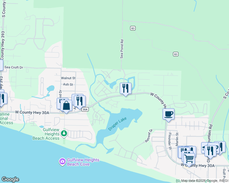 map of restaurants, bars, coffee shops, grocery stores, and more near 71 Okeechobee West in Santa Rosa Beach