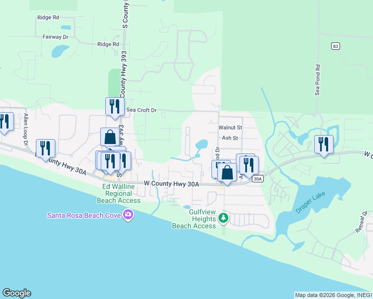 map of restaurants, bars, coffee shops, grocery stores, and more near 474 Hidden Lake Way in Santa Rosa Beach