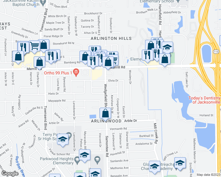 map of restaurants, bars, coffee shops, grocery stores, and more near 7720 Lazeau Drive in Jacksonville