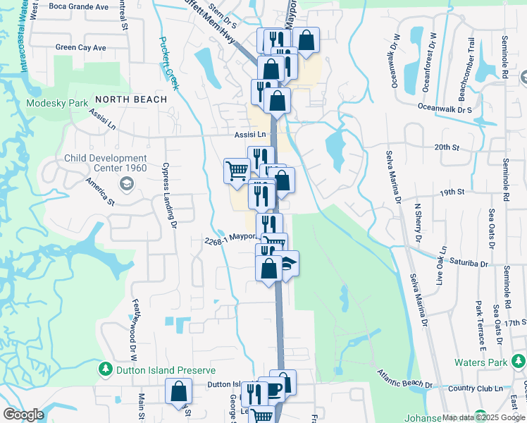 map of restaurants, bars, coffee shops, grocery stores, and more near 2292 Mayport Road in Jacksonville