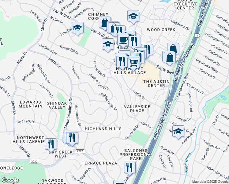 map of restaurants, bars, coffee shops, grocery stores, and more near 6109 Shadow Valley Drive in Austin