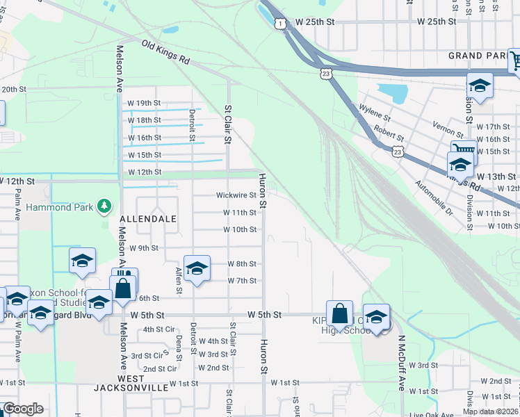 map of restaurants, bars, coffee shops, grocery stores, and more near 2102 Huron Street in Jacksonville