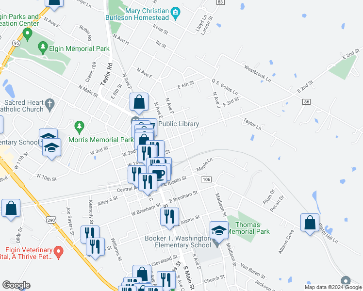 map of restaurants, bars, coffee shops, grocery stores, and more near 112 North Avenue F in Elgin