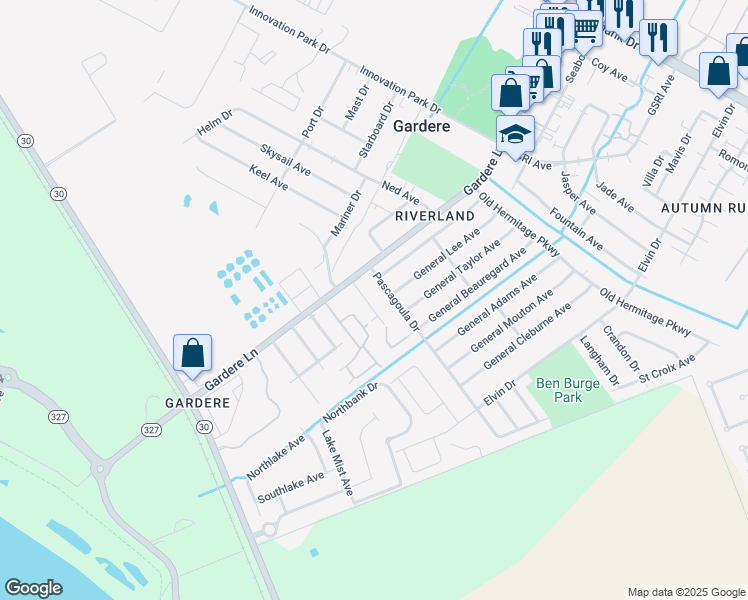 map of restaurants, bars, coffee shops, grocery stores, and more near 8551 Rush Avenue in Baton Rouge