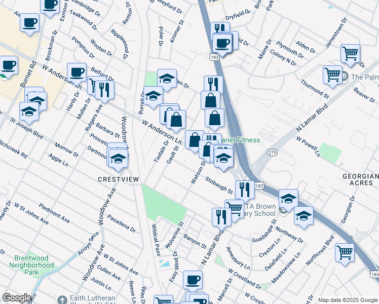 map of restaurants, bars, coffee shops, grocery stores, and more near 1113 West Anderson Lane in Austin