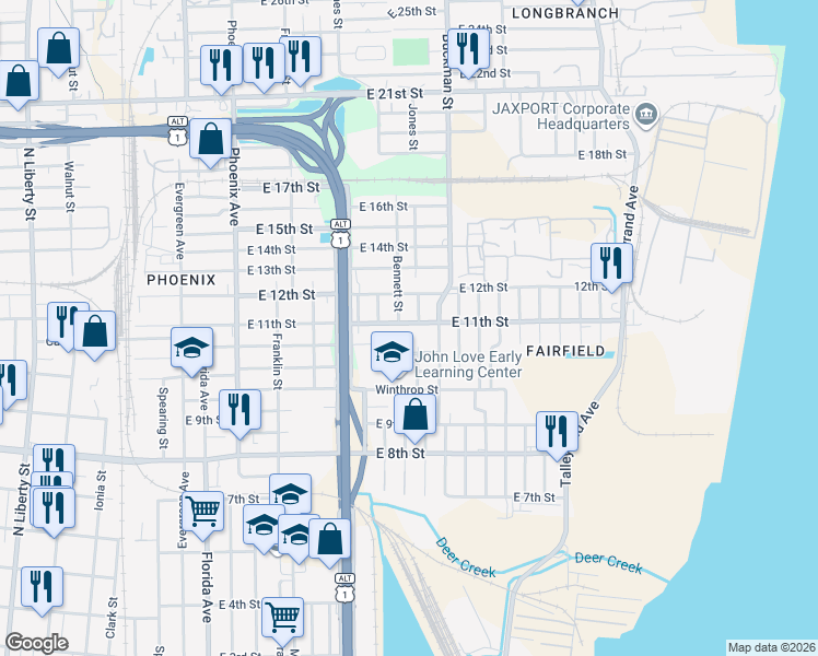 map of restaurants, bars, coffee shops, grocery stores, and more near 1538 East 11th Street in Jacksonville