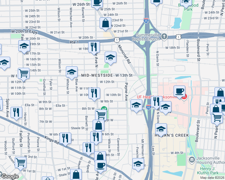 map of restaurants, bars, coffee shops, grocery stores, and more near 1150 North Durkee Drive in Jacksonville