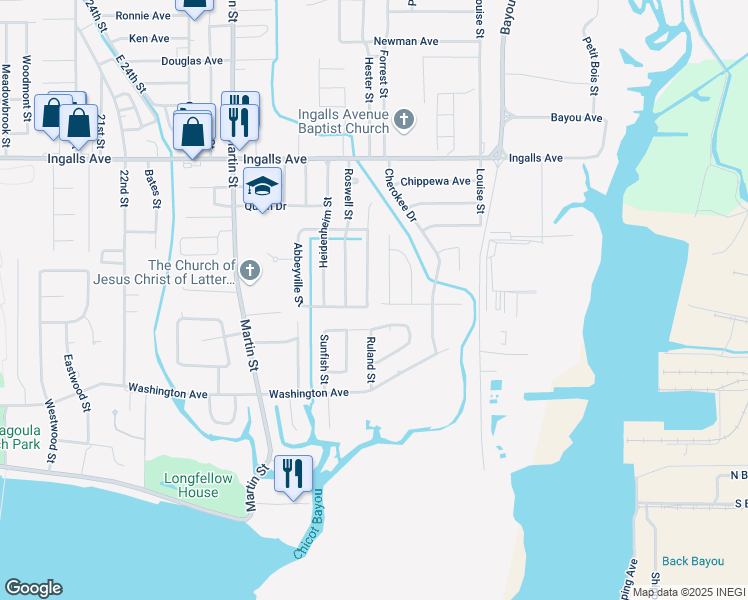 map of restaurants, bars, coffee shops, grocery stores, and more near 1202 Gallery Street in Pascagoula