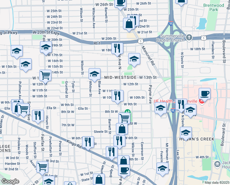 map of restaurants, bars, coffee shops, grocery stores, and more near 1328 West 11th Street in Jacksonville