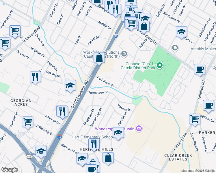 map of restaurants, bars, coffee shops, grocery stores, and more near 919 Park Plaza in Austin