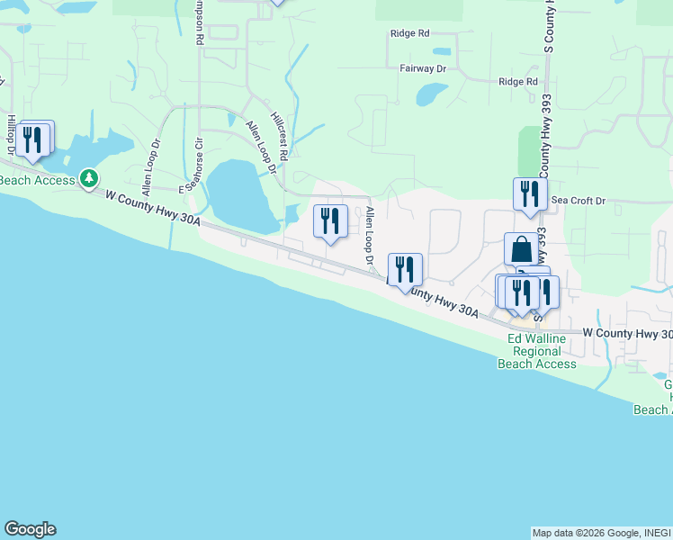 map of restaurants, bars, coffee shops, grocery stores, and more near 1027 Allen Loop Drive in Santa Rosa Beach