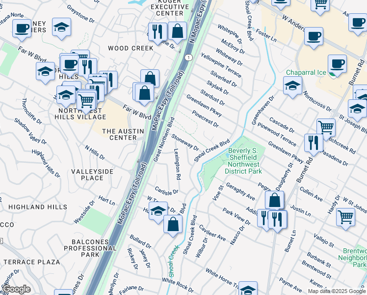 map of restaurants, bars, coffee shops, grocery stores, and more near 6814 Pioneer Place in Austin