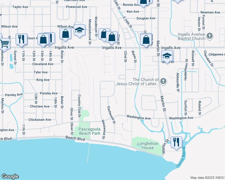 map of restaurants, bars, coffee shops, grocery stores, and more near 1201 Driftwood Street in Pascagoula